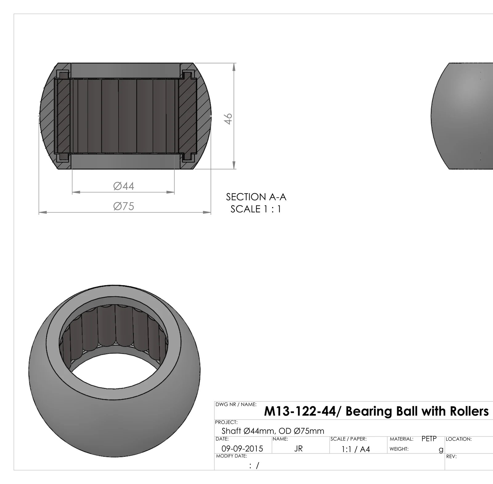 Fiche technique JEFA M13-122-44 : coupe A-A (Ø 44 mm arbre, Ø 75 mm extérieur, longueur 46 mm) et vue 3D montrant la cage à rouleaux de la bague auto-alignante en PETP