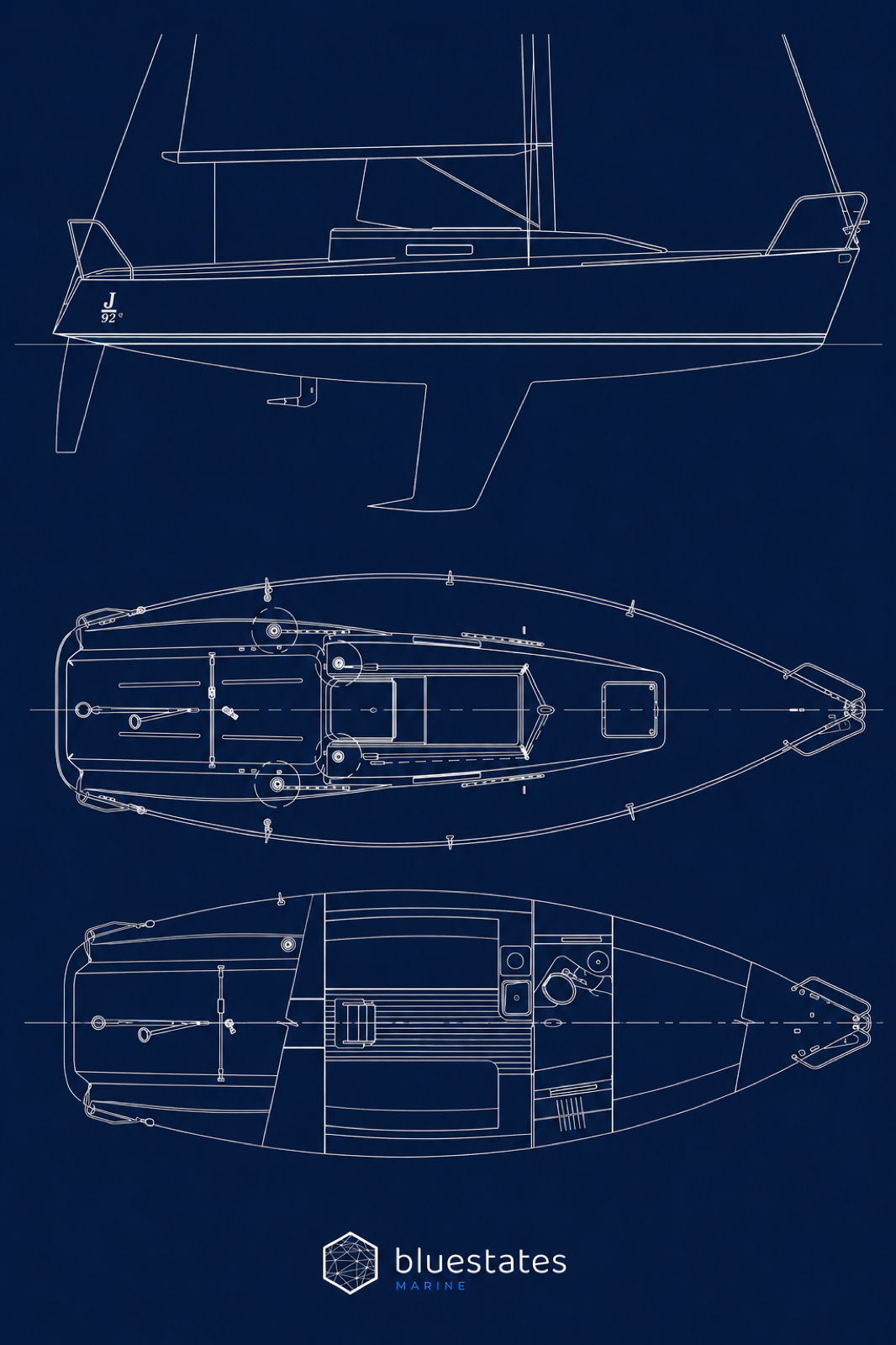 Plan technique du J/92s — vue de profil et deux vues de dessus du pont, voilier J Boats Europe 2008, 9,12 m, basé sur le Léman.